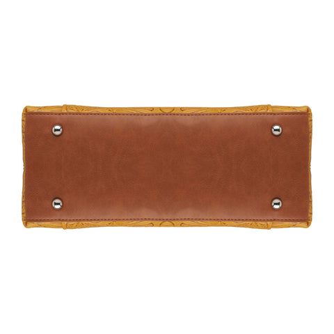 Mustard yellow concealed carry town tote in hand-tooled American cowhide, featuring dual zip-access gun compartment, slash-resistant shoulder straps, and spacious main section with RFID protection