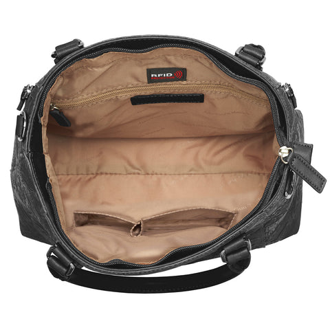 Black tooled leather concealed carry town tote crafted from USA cowhide, with discreet dual-zip gun access, reinforced slash-resistant straps, and RFID-lined interior for secure everyday carry.