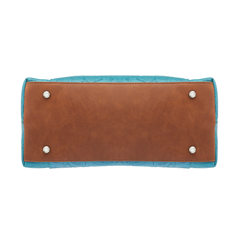 Teal and brown Town Tote concealed carry bag in tooled cowhide leather – spacious CCW compartment, durable design with adjustable shoulder strap, fits compact firearms, GTM-51