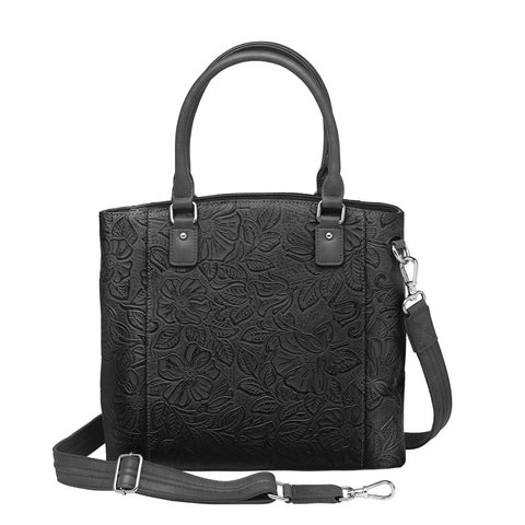 Black tooled leather concealed carry town tote crafted from USA cowhide, with discreet dual-zip gun access, reinforced slash-resistant straps, and RFID-lined interior for secure everyday carry.