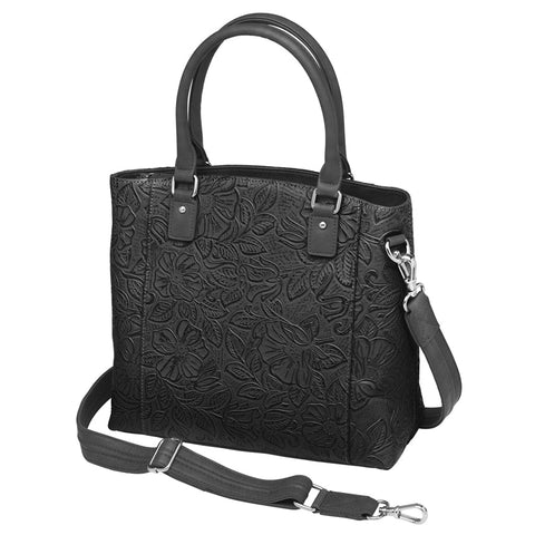 Black tooled leather concealed carry town tote crafted from USA cowhide, with discreet dual-zip gun access, reinforced slash-resistant straps, and RFID-lined interior for secure everyday carry.