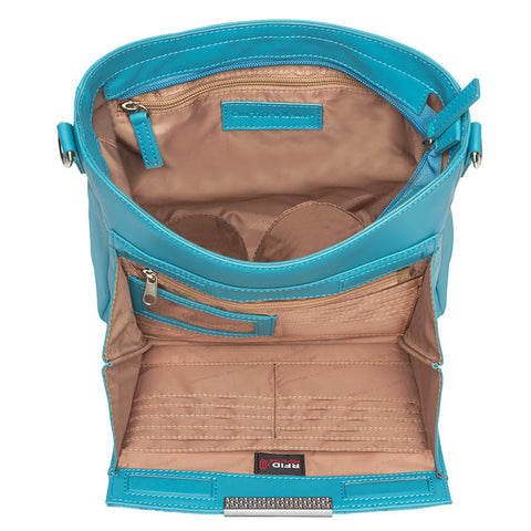 Teal concealed carry crossbody purse for women – slim USA cowhide leather handbag by GTM, model GTM-98