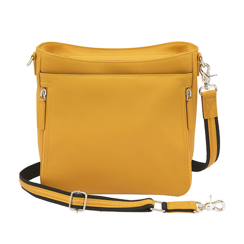 Mustard yellow slim crossbody concealed carry purse crafted from durable American cowhide, featuring compact design and discreet firearm compartment for everyday carry