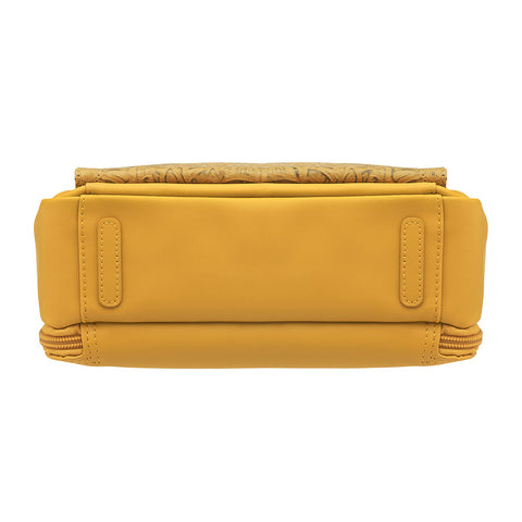 Mustard yellow slim crossbody concealed carry purse crafted from durable American cowhide, featuring compact design and discreet firearm compartment for everyday carry