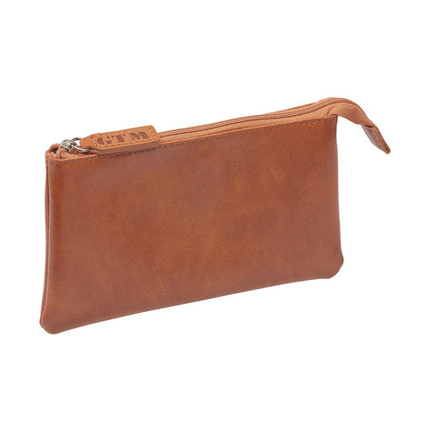 Brown leather compact RFID pouch for secure everyday carry with zipper closure, multiple card slots, and anti-theft RFID blocking technology, ideal for storing essentials like cards and cash.