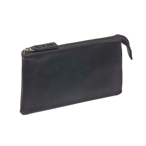 black closed compact RFID pouch for secure everyday carry with zipper closure, multiple card slots, and anti-theft RFID blocking technology, ideal for storing essentials like cards and cash.