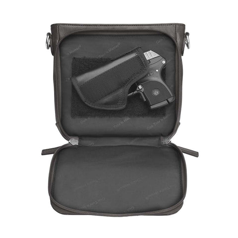 Black mini crossbody concealed carry purse for women with RFID-protected built-in wallet organizer, slash-resistant adjustable strap, zippered gun compartment for Ruger LCP, Kahr 9, and Kahr 380, washable American cowhide leather, GTM logo lining, magnetic closure, and minimalist everyday carry design.