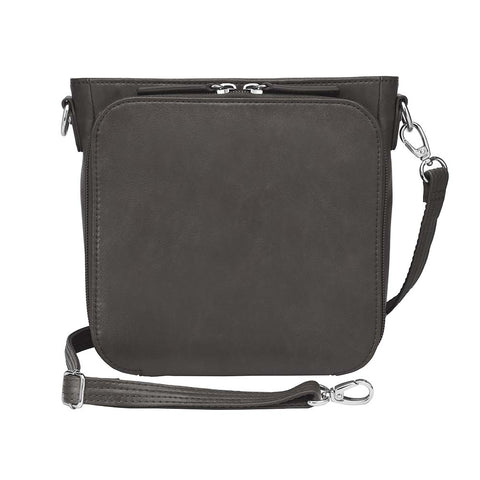 Black mini crossbody concealed carry purse for women with RFID-protected built-in wallet organizer, slash-resistant adjustable strap, zippered gun compartment for Ruger LCP, Kahr 9, and Kahr 380, washable American cowhide leather, GTM logo lining, magnetic closure, and minimalist everyday carry design.