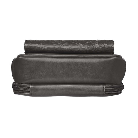 Black mini crossbody concealed carry purse for women with RFID-protected built-in wallet organizer, slash-resistant adjustable strap, zippered gun compartment for Ruger LCP, Kahr 9, and Kahr 380, washable American cowhide leather, GTM logo lining, magnetic closure, and minimalist everyday carry design.