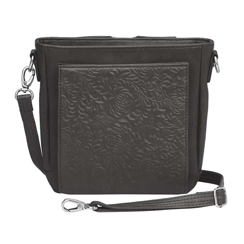 Black mini crossbody concealed carry purse for women with RFID-protected built-in wallet organizer, slash-resistant adjustable strap, zippered gun compartment for Ruger LCP, Kahr 9, and Kahr 380, washable American cowhide leather, GTM logo lining, magnetic closure, and minimalist everyday carry design.
