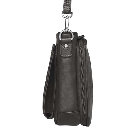 Black mini crossbody concealed carry purse for women with RFID-protected built-in wallet organizer, slash-resistant adjustable strap, zippered gun compartment for Ruger LCP, Kahr 9, and Kahr 380, washable American cowhide leather, GTM logo lining, magnetic closure, and minimalist everyday carry design.