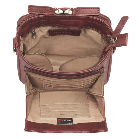 Red mini concealed carry crossbody bag with built-in RFID wallet, triple-sided zip gun access for small pistols, slash-resistant strap, zippered main compartment, washable cowhide leather with symbolic debossed pattern, ideal for women’s self-defense in a compact, stylish form.