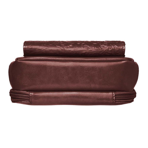 Red mini concealed carry crossbody bag with built-in RFID wallet, triple-sided zip gun access for small pistols, slash-resistant strap, zippered main compartment, washable cowhide leather with symbolic debossed pattern, ideal for women’s self-defense in a compact, stylish form.