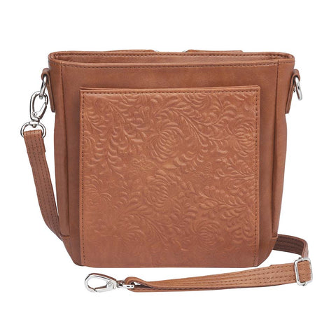 Tan concealed carry crossbody purse in washable American cowhide leather with RFID wallet organizer, slash-resistant steel cable strap, secure magnetic flap, triple-zippered gun access for compact firearms like Ruger LCP and Kahr 9, perfect for women seeking discreet protection and clean styling.