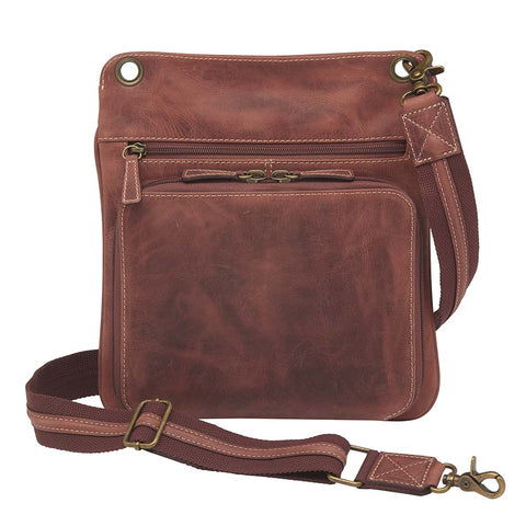 Vintage distressed buffalo leather concealed carry crossbody purse with adjustable slash-resistant strap, left and right-handed access, and a secure gun compartment designed for fast draw. Includes holster and fits compact handguns like S&W Shield, Ruger LCP, and Glock 42.