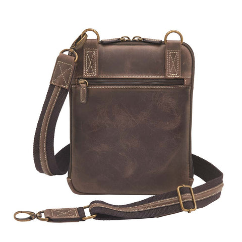 Brown Distressed full grain buffalo leather concealed carry shoulder pouch with slash-resistant crossbody strap, multi-directional draw options, and secure back zipper compartment — fits revolvers up to 1911 Commander.