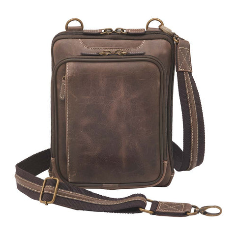 Brown Distressed full grain buffalo leather concealed carry shoulder pouch with slash-resistant crossbody strap, multi-directional draw options, and secure back zipper compartment — fits revolvers up to 1911 Commander.