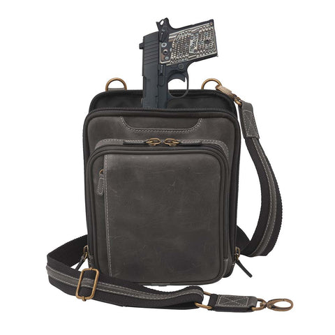Gray Distressed full grain buffalo leather concealed carry shoulder pouch with slash-resistant crossbody strap, multi-directional draw options, and secure back zipper compartment — fits revolvers up to 1911 Commander.