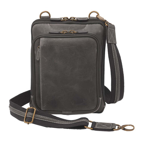 Gray Distressed full grain buffalo leather concealed carry shoulder pouch with slash-resistant crossbody strap, multi-directional draw options, and secure back zipper compartment — fits revolvers up to 1911 Commander.
