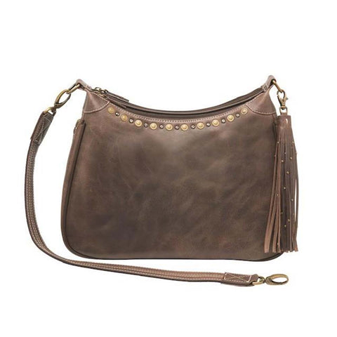 Distressed brown leather HOBO concealed carry purse with tassel draw marker, full-grain buffalo leather, dual main compartments, RFID zip pocket, padded CCW pocket fits Glock 19 or S&W Shield, slash-resistant strap, and antique brass hardware.