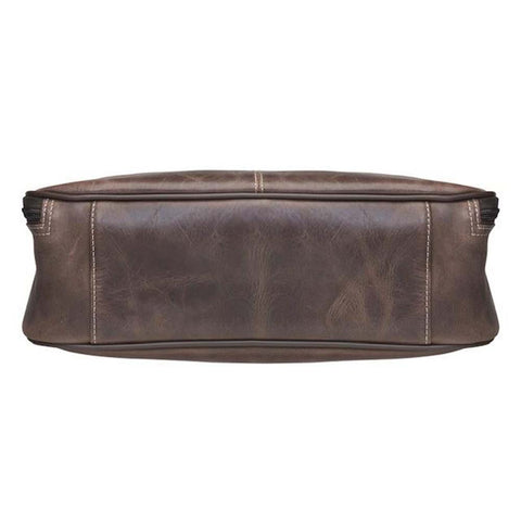 Distressed brown leather HOBO concealed carry purse with tassel draw marker, full-grain buffalo leather, dual main compartments, RFID zip pocket, padded CCW pocket fits Glock 19 or S&W Shield, slash-resistant strap, and antique brass hardware.