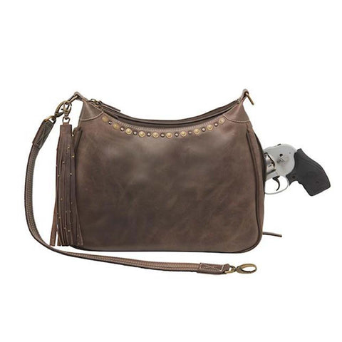 Distressed brown leather HOBO concealed carry purse with tassel draw marker, full-grain buffalo leather, dual main compartments, RFID zip pocket, padded CCW pocket fits Glock 19 or S&W Shield, slash-resistant strap, and antique brass hardware.