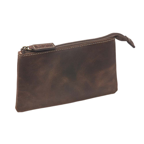 distressed brown cowhide Compact RFID pouch for secure everyday carry with zipper closure, multiple card slots, and anti-theft RFID blocking technology, ideal for storing essentials like cards and cash.