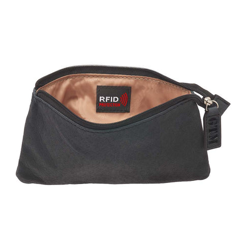 open black Compact RFID pouch for secure everyday carry with zipper closure, multiple card slots, and anti-theft RFID blocking technology, ideal for storing essentials like cards and cash.