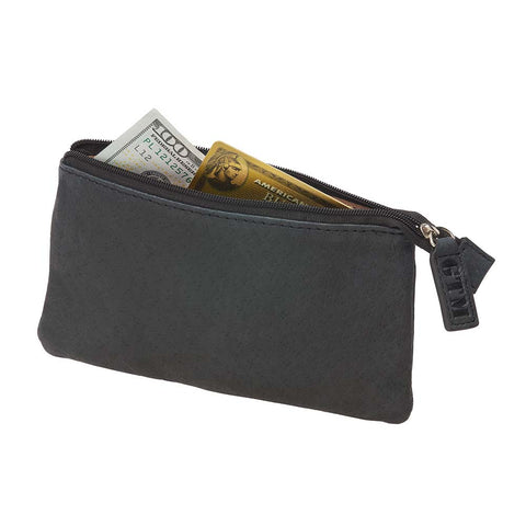 cash and credit cards in Compact RFID pouch for secure everyday carry with zipper closure, multiple card slots, and anti-theft RFID blocking technology, ideal for storing essentials like cards and cash.