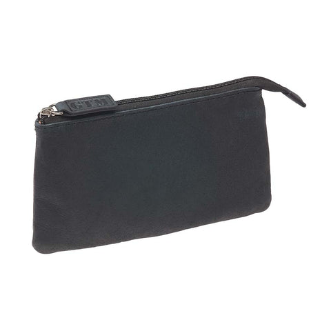 Black Compact RFID pouch for secure everyday carry with zipper closure, multiple card slots, and anti-theft RFID blocking technology, ideal for storing essentials like cards and cash.