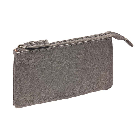Gray leather Compact RFID pouch for secure everyday carry with zipper closure, multiple card slots, and anti-theft RFID blocking technology, ideal for storing essentials like cards and cash.