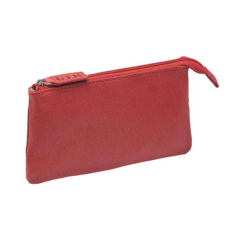 red leather Compact RFID pouch for secure everyday carry with zipper closure, multiple card slots, and anti-theft RFID blocking technology, ideal for storing essentials like cards and cash.