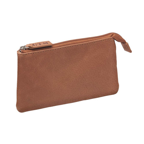 brown Compact RFID pouch for secure everyday carry with zipper closure, multiple card slots, and anti-theft RFID blocking technology, ideal for storing essentials like cards and cash.