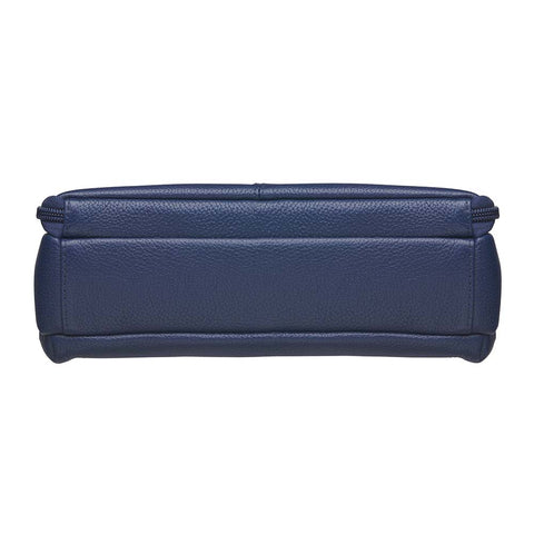 Indigo blue clutch-style concealed carry purse in soft American cowhide with RFID-protected front organizer, adjustable crossbody slash-resistant strap, triple-zip gun access for Glock 27, Ruger LCP, S&W Shield, and more. Lightweight, padded, stylish, and discreet everyday carry solution for women.