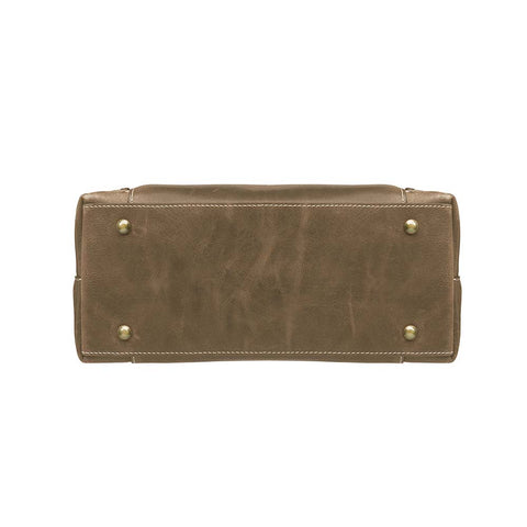 Distressed brown full grain buffalo leather town tote with concealed carry compartment. Vintage-inspired patina develops with use. Features reinforced slash-resistant shoulder strap, padded interior for gun protection, and dual top handles for versatile carry. Designed for ambidextrous draw, includes multiple pockets for phone, pepper spray, and essentials. Tested with popular pistols, equipped with Mernickle holster. Durable and stylish everyday concealed carry purse.