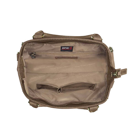 Distressed brown full grain buffalo leather town tote with concealed carry compartment. Vintage-inspired patina develops with use. Features reinforced slash-resistant shoulder strap, padded interior for gun protection, and dual top handles for versatile carry. Designed for ambidextrous draw, includes multiple pockets for phone, pepper spray, and essentials. Tested with popular pistols, equipped with Mernickle holster. Durable and stylish everyday concealed carry purse.