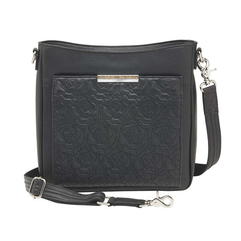 Luxury black lambskin concealed carry crossbody purse made from New Zealand full-grain leather; features RFID-protected wallet organizer, top-draw ambidextrous access, slash-resistant strap, padded CCW holster fits Glock 19, Sig P320, M&P Shield; sleek day-to-night design with magnetic closures and chrome accents.