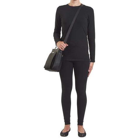 Luxury black lambskin concealed carry crossbody purse made from New Zealand full-grain leather; features RFID-protected wallet organizer, top-draw ambidextrous access, slash-resistant strap, padded CCW holster fits Glock 19, Sig P320, M&P Shield; sleek day-to-night design with magnetic closures and chrome accents.