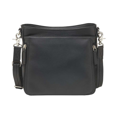 Luxury black lambskin concealed carry crossbody purse made from New Zealand full-grain leather; features RFID-protected wallet organizer, top-draw ambidextrous access, slash-resistant strap, padded CCW holster fits Glock 19, Sig P320, M&P Shield; sleek day-to-night design with magnetic closures and chrome accents.
