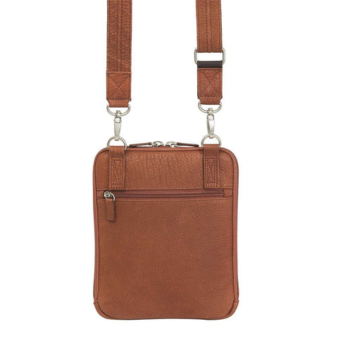 Rust marble USA Bison leather concealed carry crossbody pouch with slash-resistant strap, left or right-hand draw, natural grain full-grain bison hide, padded CCW compartment with Mernickle holster, lays flat against the body, vertical zippered front pocket, Velcro phone pouch, fits essentials like cards, keys, pens, and small firearms, unisex design for discreet concealed carry under jackets.