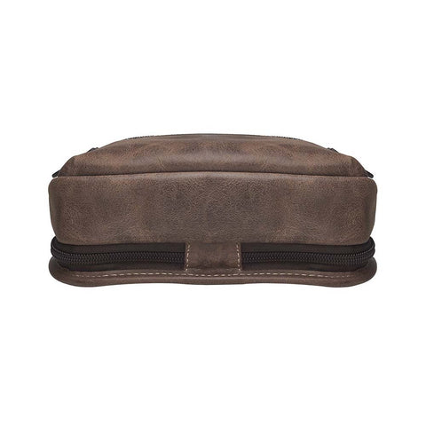 Distressed brown buffalo leather sling concealed carry backpack with tactical organization, RFID zip pocket, padded holster compartment for Glock 19, Sig P320, and HK VP9, slash-proof strap, and swing-front crossbody design with 3 exterior zip pockets and morale patch zone
