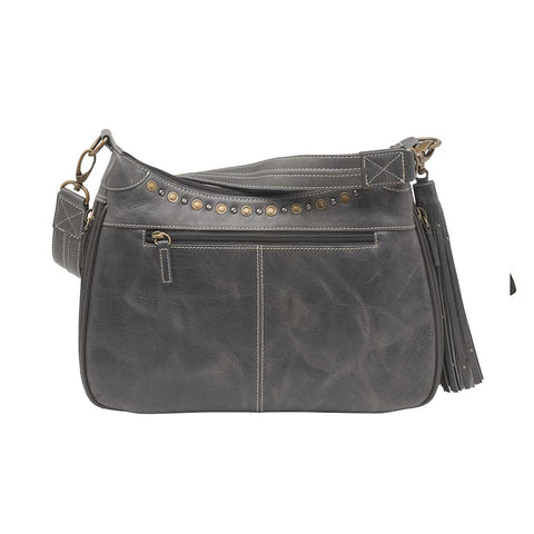 Slate gray concealed carry HOBO purse in soft vintage leather with dark chrome rivets, RFID protection, dual zip compartments, CCW access for Glock 26 or Sig P320, slash-proof shoulder strap, and left/right hand draw compatibility.