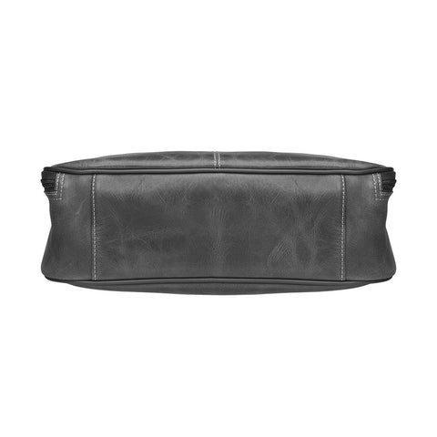 Slate gray concealed carry HOBO purse in soft vintage leather with dark chrome rivets, RFID protection, dual zip compartments, CCW access for Glock 26 or Sig P320, slash-proof shoulder strap, and left/right hand draw compatibility.