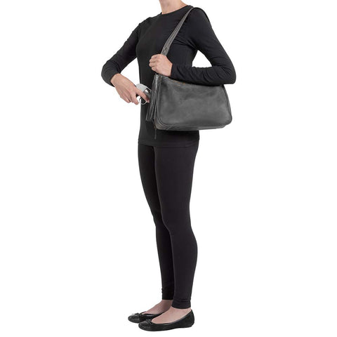 Slate gray concealed carry HOBO purse in soft vintage leather with dark chrome rivets, RFID protection, dual zip compartments, CCW access for Glock 26 or Sig P320, slash-proof shoulder strap, and left/right hand draw compatibility.