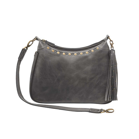 Slate gray concealed carry HOBO purse in soft vintage leather with dark chrome rivets, RFID protection, dual zip compartments, CCW access for Glock 26 or Sig P320, slash-proof shoulder strap, and left/right hand draw compatibility.