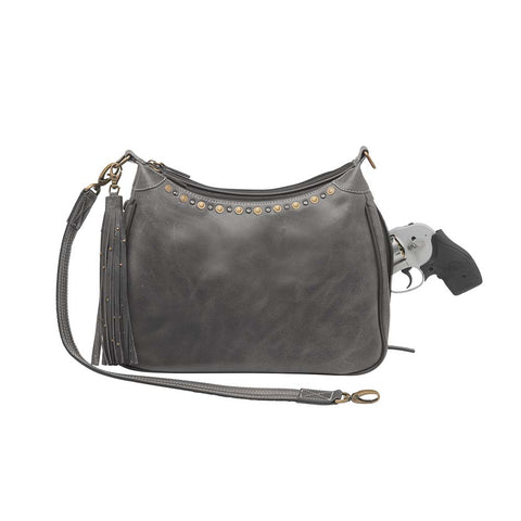 Slate gray concealed carry HOBO purse in soft vintage leather with dark chrome rivets, RFID protection, dual zip compartments, CCW access for Glock 26 or Sig P320, slash-proof shoulder strap, and left/right hand draw compatibility.