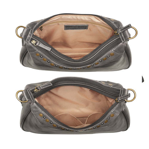Slate gray concealed carry HOBO purse in soft vintage leather with dark chrome rivets, RFID protection, dual zip compartments, CCW access for Glock 26 or Sig P320, slash-proof shoulder strap, and left/right hand draw compatibility.