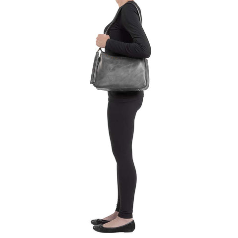 Slate gray concealed carry HOBO purse in soft vintage leather with dark chrome rivets, RFID protection, dual zip compartments, CCW access for Glock 26 or Sig P320, slash-proof shoulder strap, and left/right hand draw compatibility.