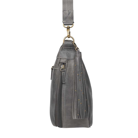 Slate gray concealed carry HOBO purse in soft vintage leather with dark chrome rivets, RFID protection, dual zip compartments, CCW access for Glock 26 or Sig P320, slash-proof shoulder strap, and left/right hand draw compatibility.