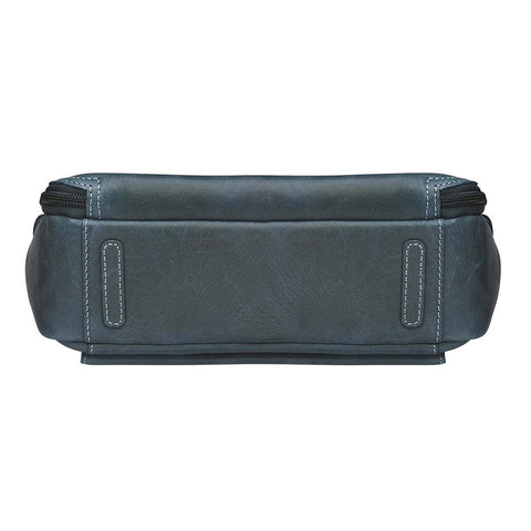 Slim concealed carry purse in distressed vintage blue buffalo leather, includes RFID wallet organizer, top-draw holster access, fits Glock 19, Sig P320, or HK VP9, built-in slash-resistant strap.